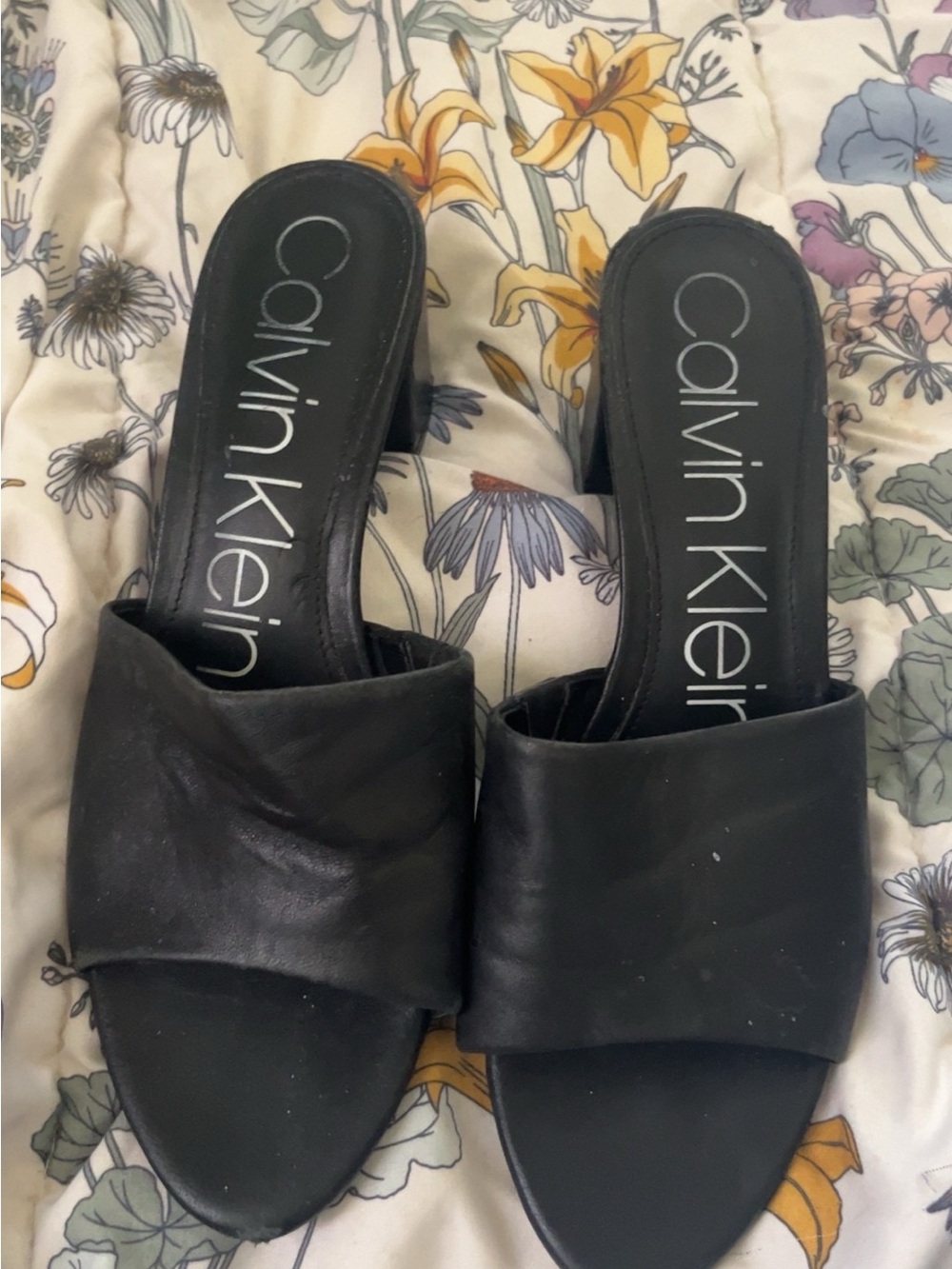 Calvin Klein Black Leather Open-Toe Mule Heels